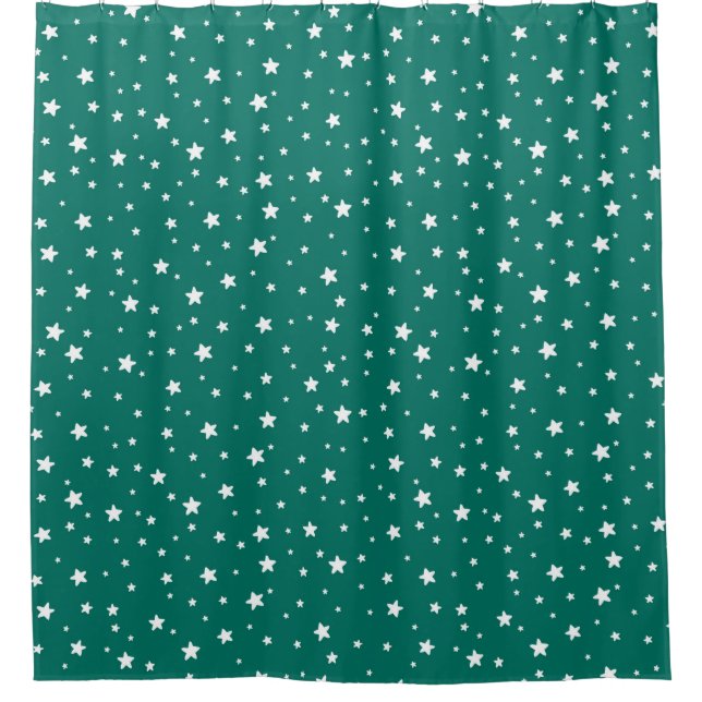 Dark Teal and White Stars Celestial Sky Shower Curtain (Front)