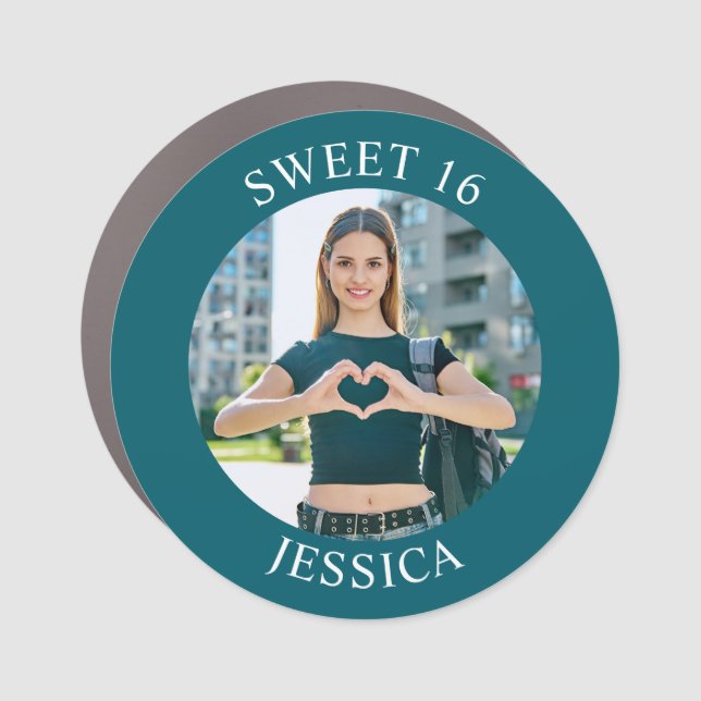 Dark Teal and White Sweet 16 Birthday Photo Car Magnet (Front)