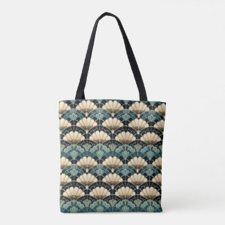 Dark Teal Art Deco Scalloped Fan Patterned Tote Bag