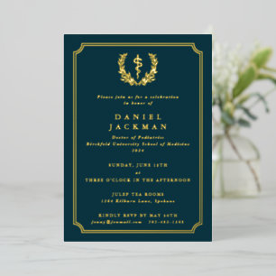 Dark Teal Asclepius Medical School Graduation Foil Invitation