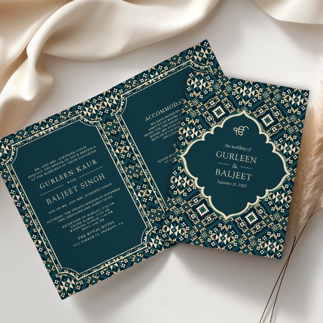 Dark Teal Beige Geometric All in One Sikh Wedding Invitation (Creator Uploaded)