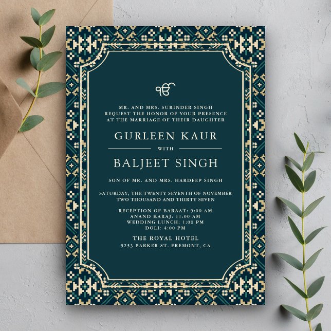 Dark Teal Beige Ikat Anand Karaj Sikh Wedding Invitation (Creator Uploaded)