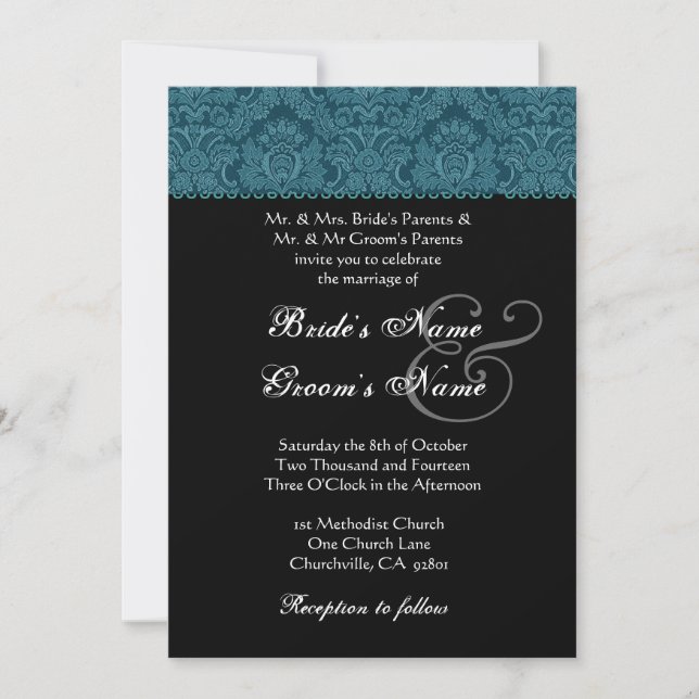 Dark Teal Black White Damask Wedding Invitation (Front)