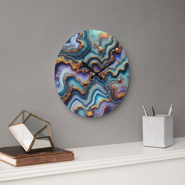 Dark Teal Blue Amethyst Purple Gold Marble Pattern Large Clock (Office)