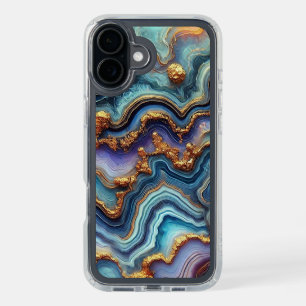 Dark Teal Blue Amethyst Purple Gold Marble Pattern iPhone 16 Plus Case
