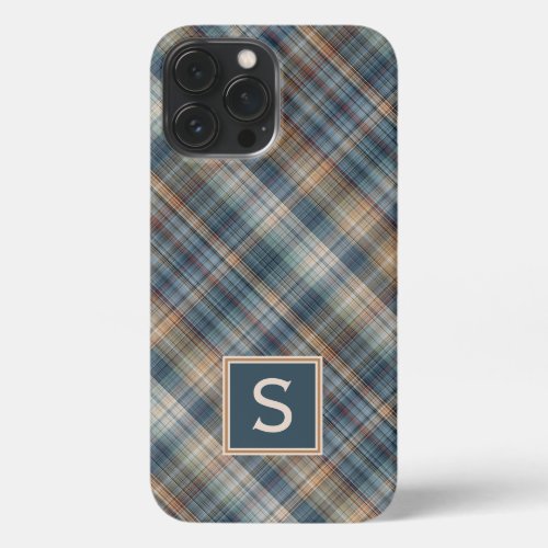 Dark Teal Blue Beige Tan Plaid Gingham Pattern iPhone 13 Pro Max Case