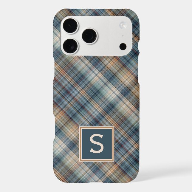Dark Teal Blue Beige Tan Plaid Gingham Pattern Iphone Case (Back)