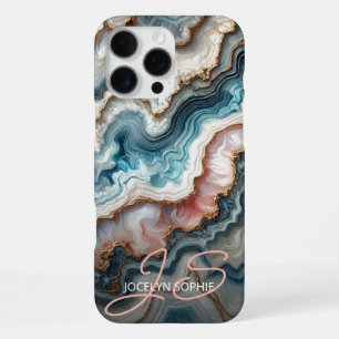 Dark Teal Blue Blush Pink Gold Marble Art Pattern iPhone 16 Pro Max Case