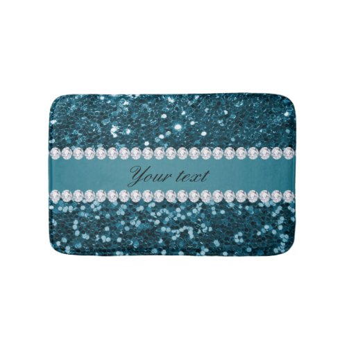 Dark Teal Blue Faux Glitter and Diamonds Bath Mat