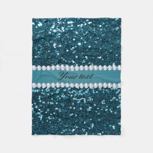 Dark Teal Blue Faux Glitter and Diamonds Fleece Blanket