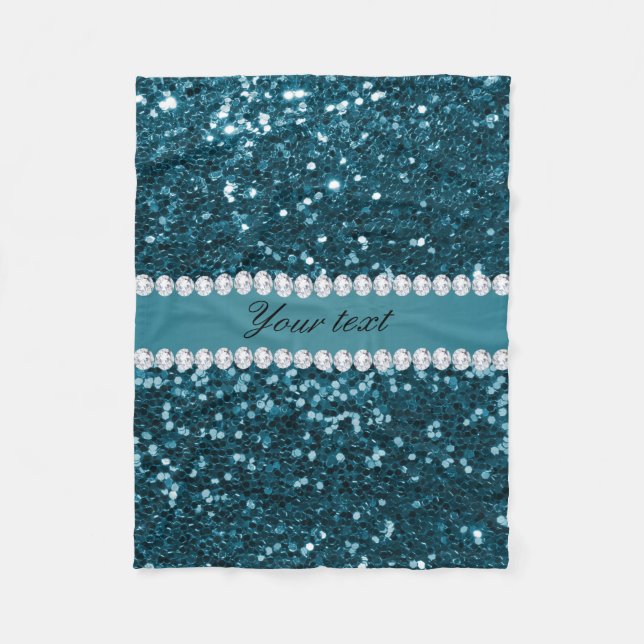 Dark Teal Blue Faux Glitter and Diamonds Fleece Blanket (Front)