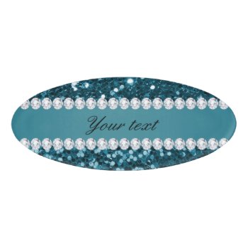Dark Teal Blue Faux Glitter And Diamonds Name Tag by glamgoodies at Zazzle