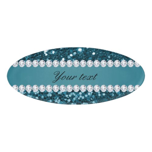 Dark Teal Blue Faux Glitter and Diamonds Name Tag