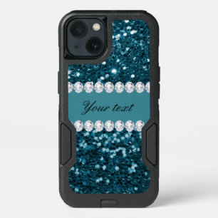 Dark Teal Blue Faux Glitter and Diamonds iPhone 13 Case