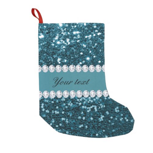 Dark Teal Blue Faux Glitter and Diamonds Small Christmas Stocking