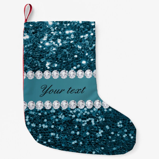 Dark Teal Blue Faux Glitter and Diamonds Small Christmas Stocking (Front)