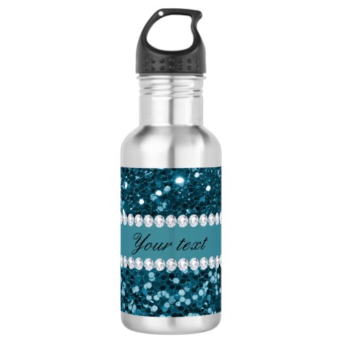 Dark Teal Blue Faux Glitter and Diamonds Stainless Steel Water Bottle