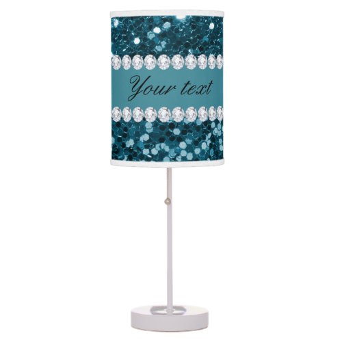Dark Teal Blue Faux Glitter and Diamonds Table Lamp