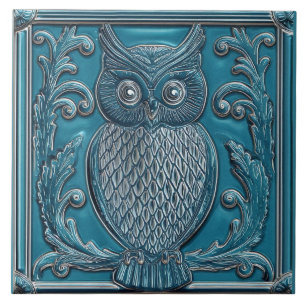 Dark teal blue faux relief Art Nouveau Owl Ceramic Tile