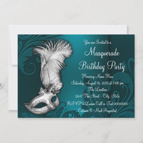Dark Teal Blue Feather Mask Masquerade Party Invitation