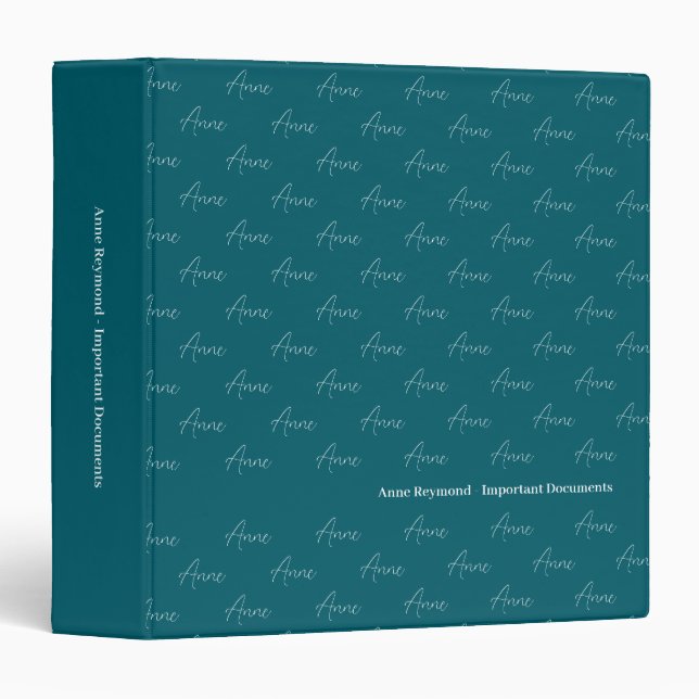Dark Teal Blue Girly Calligraphy Important Docs 3 Ring Binder (Front/Spine)