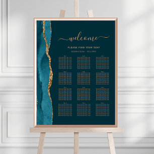 Dark Teal Blue Gold Agate 12-Table Wedding Seating Poster