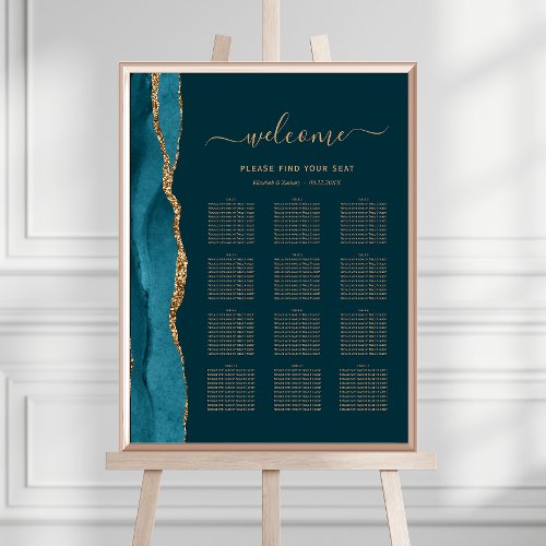 Dark Teal Blue Gold Agate 12_Table Wedding Seating Poster