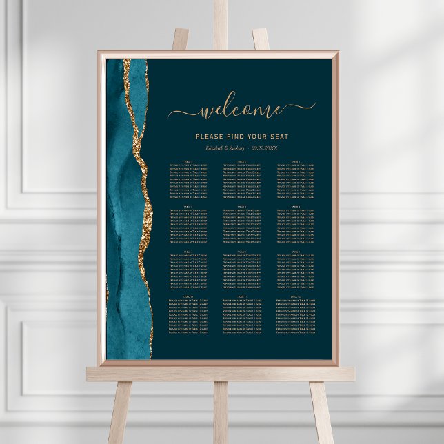 Dark Teal Blue Gold Agate 12-Table Wedding Seating Poster (Creator Uploaded)