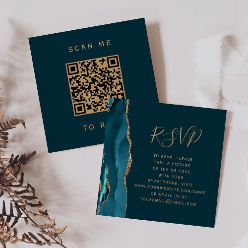 Dark Teal Blue Gold Agate Wedding QR Code RSVP Enclosure Card