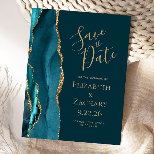 Dark Teal Blue Gold Agate Wedding Save the Date Announcement Postcard