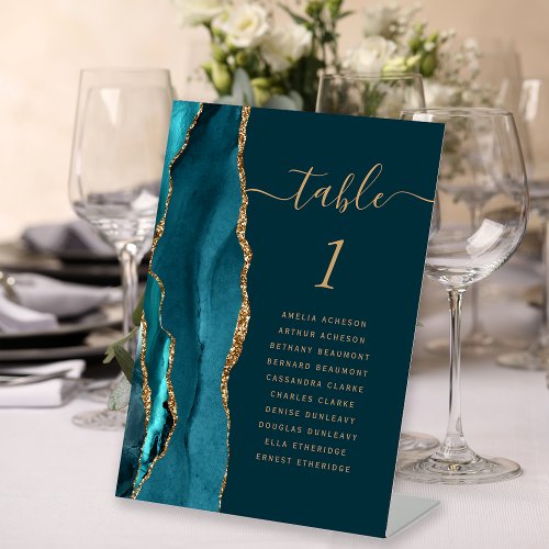 Dark Teal Blue Gold Agate Wedding Table Number Pedestal Sign