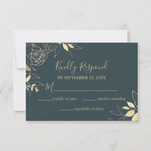 Dark Teal Blue  Gold Peony Floral Wedding RSVP Card