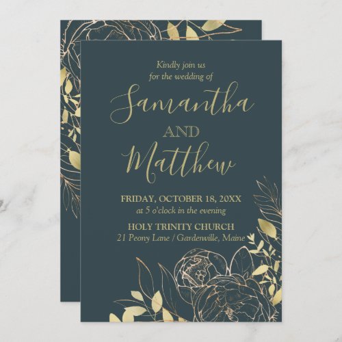 Dark Teal Blue  Gold Peony Modern Floral Wedding Invitation