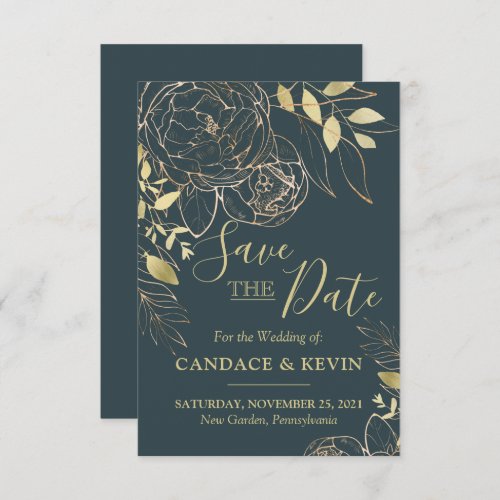 Dark Teal Blue  Gold Peony Modern Floral Wedding Save The Date