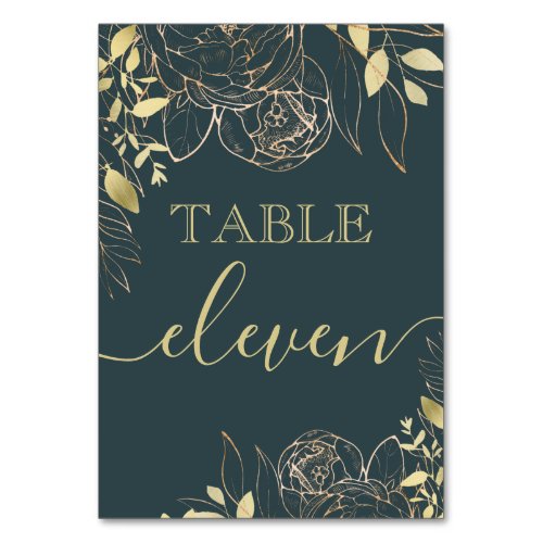 Dark Teal Blue  Gold Peony Modern Floral Wedding Table Number