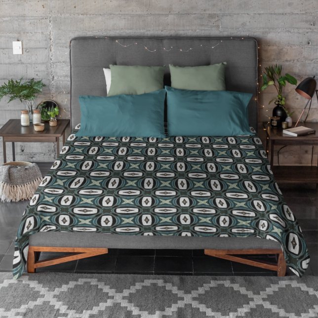 Dark Teal Blue Gray Green White Bohemian Bali Art Duvet Cover (Creator Uploaded)