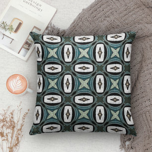 Dark Teal Blue Gray Green White Bohemian Bali Art Throw Pillow