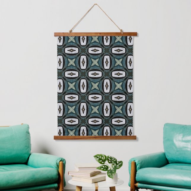 Dark Teal Blue Gray Green White Tribal Art Hanging Tapestry (Living Room)