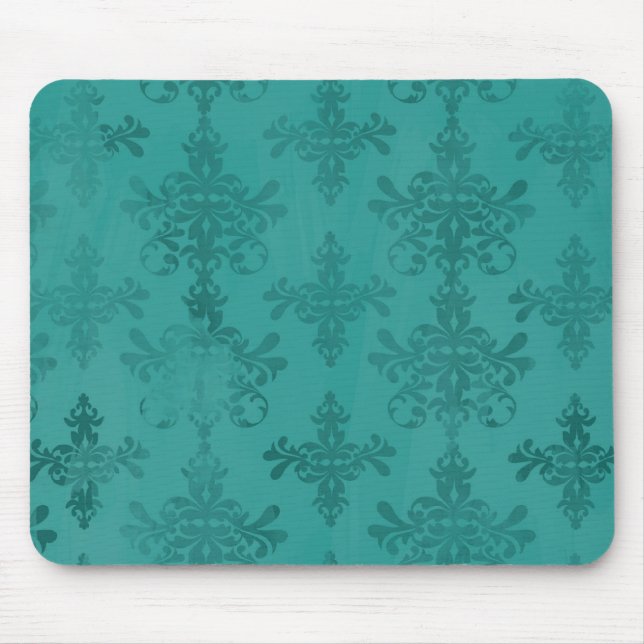 dark teal blue green distressed damask mouse pad (Front)