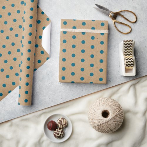 Dark Teal Blue Green Dots Faux Rustic Brown Kraft Wrapping Paper