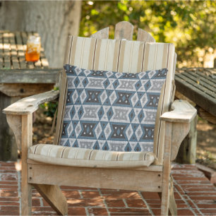 Dark Teal Blue Light Gray Black Tribal Art Pattern Outdoor Pillow