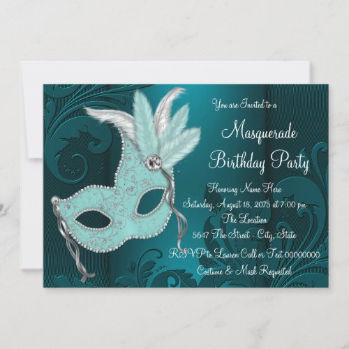 Dark Teal Blue Mask Masquerade Party Invitation