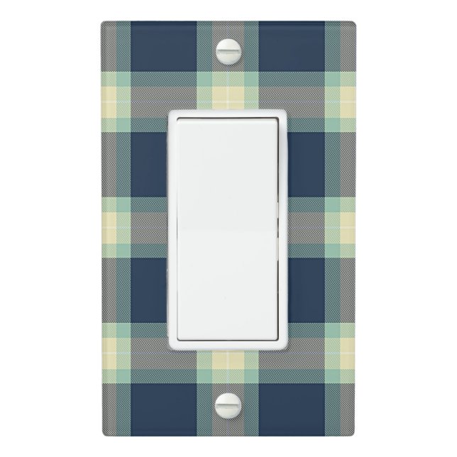 Dark Teal Blue Mint Green Classic Tartan Pattern Light Switch Cover (In Situ)