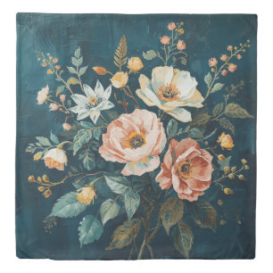 Dark Teal Blue Orange Vintage Cottagecore Floral Duvet Cover