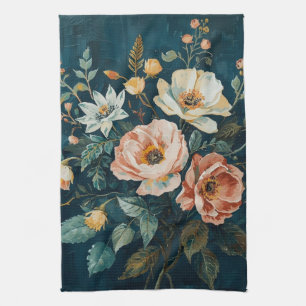 Dark Teal Blue Orange Vintage Cottagecore Floral Kitchen Towel