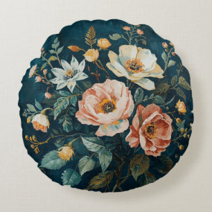 Dark Teal Blue Orange Vintage Cottagecore Floral Round Pillow