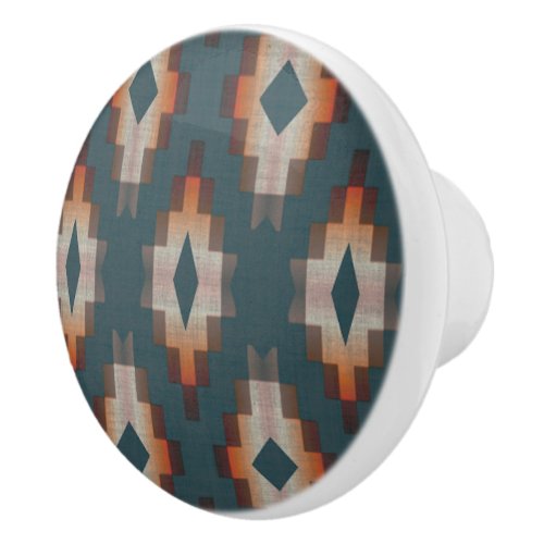 Dark Teal Blue Peach Orange Brown Ethnic Tribe Art Ceramic Knob