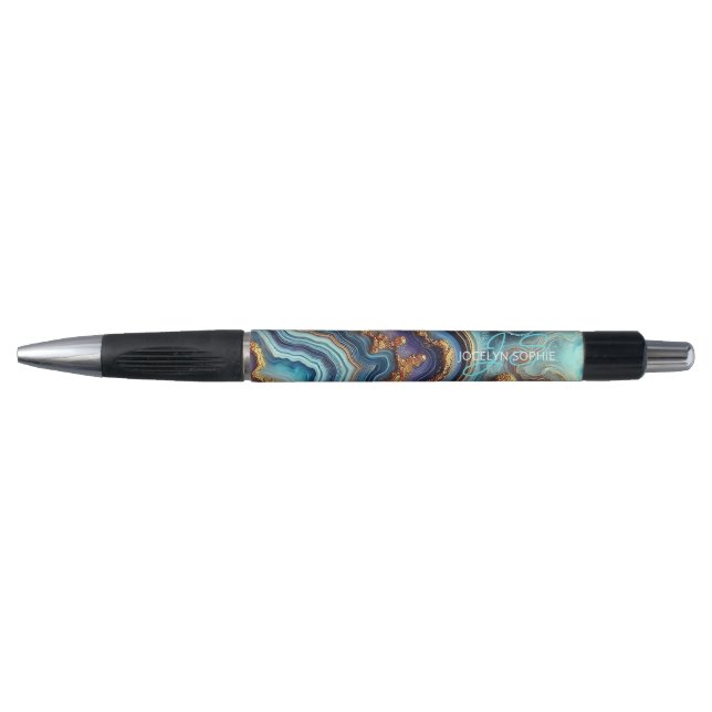 Dark Teal Blue Purple Gold Marble Art Pattern Pen (Front)