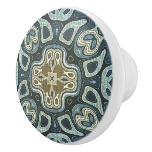 Dark Teal Blue Seafoam Green Ethnic Tribe Art Ceramic Knob
