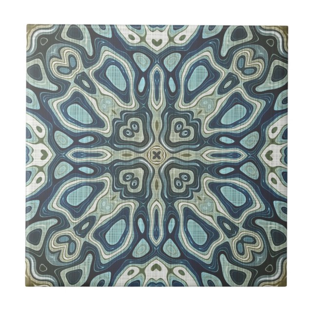Dark Teal Blue Seafoam Green Ethnic Tribe Art Ceramic Tile (Front)